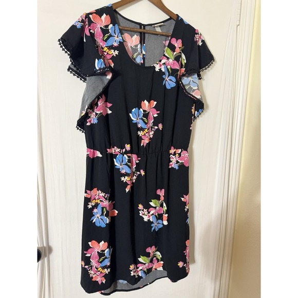 A New Day Floral Ruffle Sleeve Dress plus 2x pom pom dark floral contrast church - Picture 2 of 7